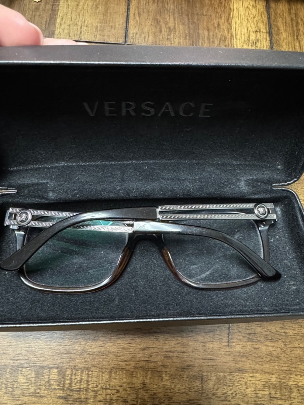 Versace Black and Brown Designer Rectangular Glasses with Silver Accents